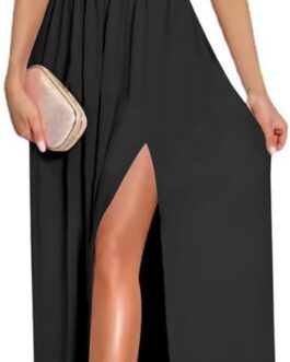 LYANER Women’s One Shoulder High Split Sleeveless Ruched Sexy Cocktail Maxi Long Dress