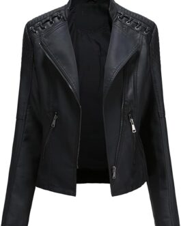 MODFUL Women’s Faux Leather Moto Jacket Casual Short Solid Color PU Biker Coat with Pockets