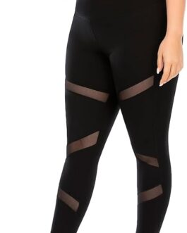 Plus Size Leggings, Black Mesh Yoga Pants for Women with Pockets High Waisted Tummy Control & Squat Proof Workout Leggings