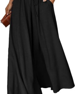EVALESS Womens Casual Wide Leg Pants Flowy Elastic Drawstring Waist Palazzo Pants with Pockets