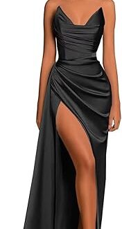 Eightale Satin Strapless V-Neck Long Prom Dress Tight Ruched Formal Party Dress