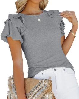 SHEWIN Womens Summer Tops Crewneck Ruffle Short Sleeve T Shirts Casual Slim Fit