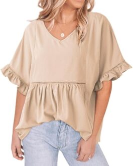 Dokotoo Womens Blouses Smocked Casual V Neck Ruffle Bell Half Sleeve Shirts Top