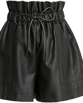 High Waisted Wide Leg Black Faux Leather Shorts for Women