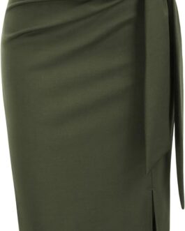 Kate Kasin Women’s Skirt Elastic High Waist Bow Tie Knee Length Stretch Bodycon Pencil Skirts with Slit