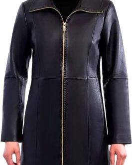 Anne Klein Women’s Mid-Length Zipper Leather Coat Black