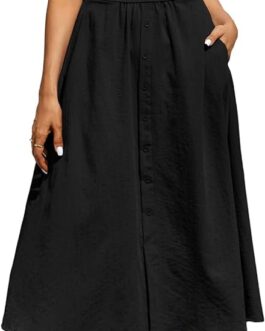 Kate Kasin Women’s High Waist Midi Skirt Vintage Elastic A-Line Pleated Button Skirts with Pockets