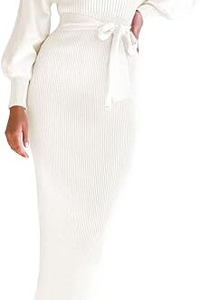 ARTFREE Women’s Ribbed Sweater Wrap Dress Elegant Long Sleeve V Neck Knit Bodycon Maxi Dresses with Belt