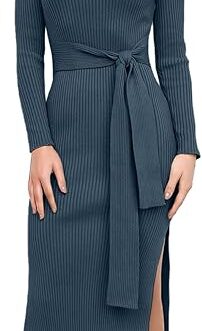 ANRABESS Women’s 2023 Fall Elegant Sweater Dress Long Sleeve Crewneck Tie Waist Slim Rib Knit Slit Bodycon Midi Dress