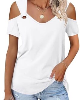Minetom Women’s Cold Shoulder Tops Short Sleeve V Neck T Shirts Basic Summer Tees