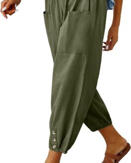 Women’s High Waist Pants Drawstring Capri Pants with Pockets Wide Leg Cropped Pants for Women