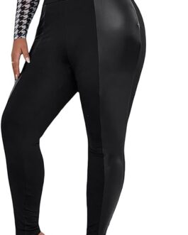 WDIRARA Women’s Plus Size High Waist PU Leather Leggings Stretch Skinny Pants