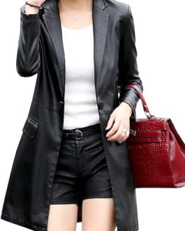 Tanming Womens PU Faux Leather Jacket Casual Lapel Long Suit Trench Coat Outerwear