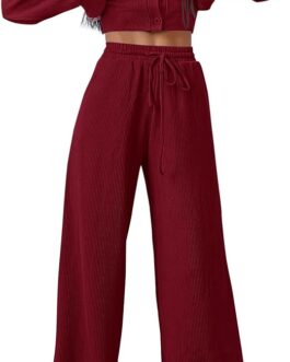 BTFBM 3 Piece Outfits Casual Knit Matching Sets Spring Summer Clothes Cardigan Cropped Tank Tops Wide Leg Pant Tracksuit