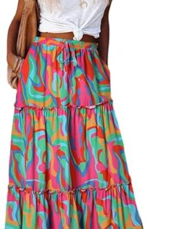 EARKOHA Womens Casual High Waist Tiered Paisley Print Long Maxi Skirt with Pockets