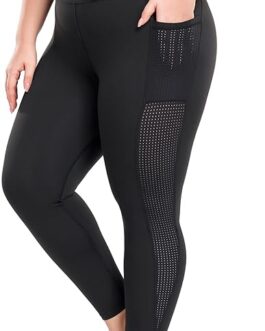 Plus Size Leggings for Women with Pockets Stretchy, L-5XL Tummy Control High Waist Workout Black Mesh Yoga Pants
