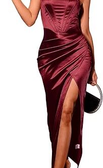 XinFSh Women’s Strapless Bodycon Ruched Dresses Vintage Open Back Boned Corset Maxi Dress