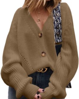Women’s V Neckline Button Down Knitwear Lantern Sleeve Basic Knit Cardigan Sweater Tops
