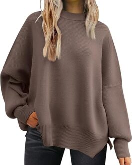 LILLUSORY Women’s Crewneck Batwing Long Sleeve Sweaters 2023 Fall Oversized Ribbed Knit Side Slit Pullover Tops