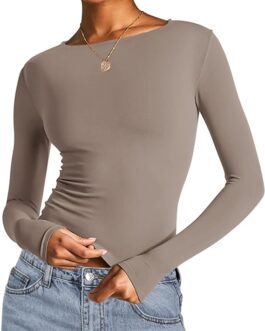 AKEWEI Long Sleeve Crop Tops for Women 2 Pack Fall Going Out Outfits Cute Tight Basic Tees Shirt