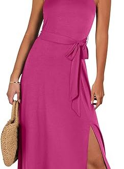 Prinbara Women Square Neck Dresses 2024 Summer Casual Flowy Split A Line Midi Dress Sleeveless Long Sundress