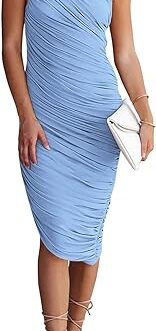 PRETTYGARDEN Women’s Ruched Bodycon Dress 2024 Summer One Shoulder Sleeveless Party Cocktail Pencil Dresses