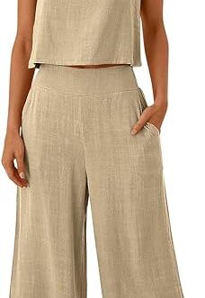 ANRABESS Women’s Summer 2 Piece Outfits Sleeveless Tank Crop Button Back Top Capri Wide Leg Pants Linen Set with Pockets