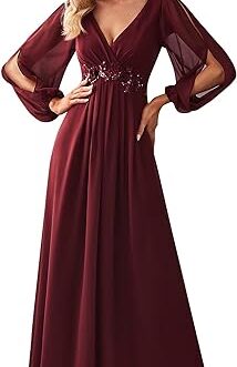 Ever-Pretty Women’s V Neck Long Sleeves Floor Length Ruched Chiffon Formal Dress 00461