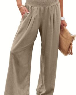 Caracilia Womens Summer Linen Pants Fashion Casual High Waist Wide Leg Elastic Palazzo Beach Boho Loose Trousers