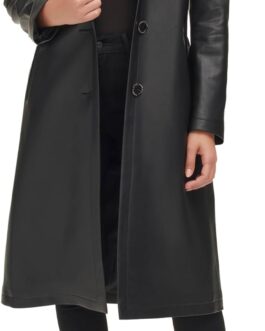 Kenneth Cole Women’s Knee Length Faux Leather Belted Moto Jacket with Fur Collar