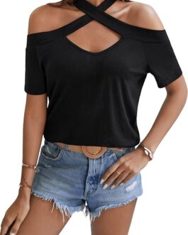 SweatyRocks Women’s Casual Plain Criss Cross Halter Top Short Sleeve Cold Shoulder Cut Out Shirt