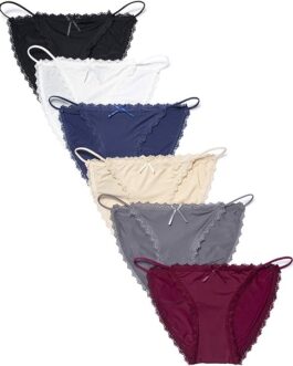 Camelia Womens String Bikini Cotton and Silk Lace Two Versions Panties 4-6 Pack Sexy Underwear Briefs USA SIZE: XS-XL