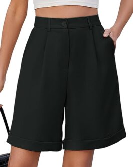 BBX Lephsnt Womens Bermuda Shorts with Pockets Pleated High Waisted Wide Leg Shorts Knee Length Casual Trouser Shorts