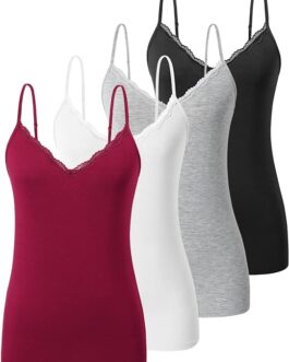 Vislivin Plain Camisole for Women Lace Tank Tops V Neck Adjustable Cami Sexy Undershirts 4 Pack