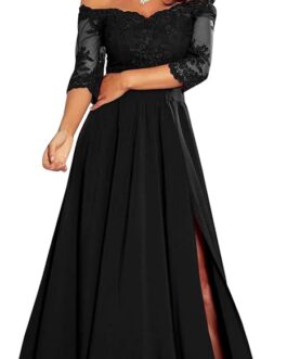 Sukleet Women’s Short Sleeves Lace Applique Mother of The Bride Dresses Long Formal Evening Gowns with Slit