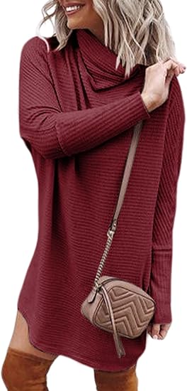 AlvaQ Womens Casual Dress Long Sleeve Turtleneck Waffle Knit Dresses Tunic Pullover Sweater Dresses