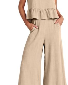 ANRABESS Women’s Summer 2 Piece Outfits Sleeveless Tank Crop Top Wide Leg Pants Linen Lounge Matching Sets