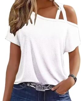 Sexy Cold Shoulder Tops for Women Casual Summer One Off Shoulder Strappy T Shirts Criss Cross Short Sleeve Blouse Shirt