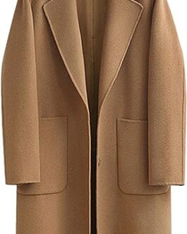Omoone Women’s Notched Lapel Wool Coats Mid Long Button Pea Coats Warm Thicken Trench Jacket