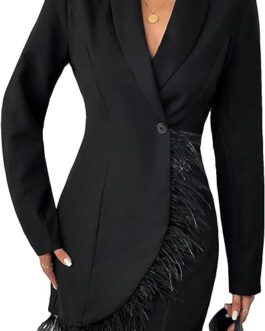 WDIRARA Women’s Fuzzy Trim Wrap Button Front Long Sleeve Shawl Collar Blazer Dress
