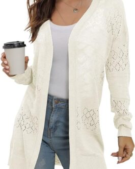 GRECERELLE Casual Lightweight Long Sleeve Cardigan Loose Soft Drape Open Front Crochet Sweater Sun Protection Coverups