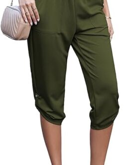 EVALESS Womens Capri Pants Elastic High Waisted Cropped Tapered Pants with Pockets