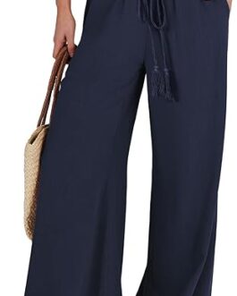 ANRABESS Women Linen Palazzo Pants Summer Casual Loose High Waist Wide Leg Long Lounge Pant Trousers with Pocket