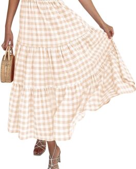ZESICA Women’s 2024 Summer Plaid Flower Print Elastic High Waist Flowy A Line Maxi Skirt with Pockets