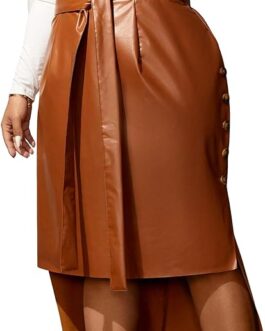 Floerns Women’s PU Leather Tie Front High Waist Asymmetrical Hem Midi Skirt
