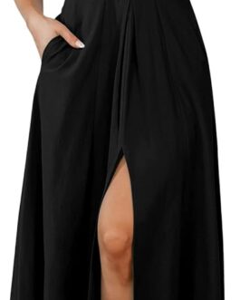 BTFBM Women 2024 Summer Spaghetti Strap Dress Sleeveless V Neck Cutout Slit Casual Beach Party Maxi Dresses with Pockets