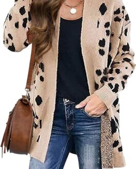 ZESICA Women’s 2024 Fall Winter Long Sleeves Open Front Leopard Print Knitted Sweater Cardigan Coat Outwear