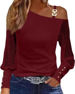 Womens Off The Shoulder Long Sleeve Strap Lace Tops Fall Sexy One Shoulder Casual Loose Blouse Shirt