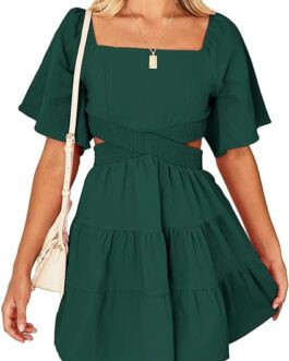 Shy Velvet Women’s Summer Dress Square Neck Short Sleeves Crossover Waist Casual Party Mini Dress
