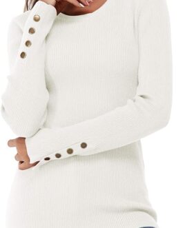 Newshows Women’s Solid Long Sleeve Knit Crew Neck Button Stretch Casual Pullover Sweater